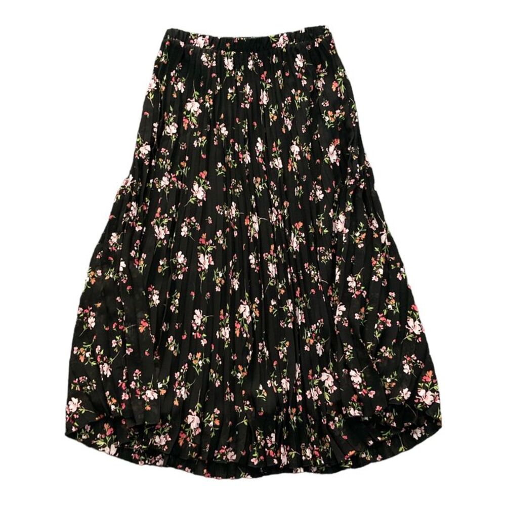 Vince Camuto Ladies Detailed Pull On Pleated Midi Skirt - Black Ground Floral